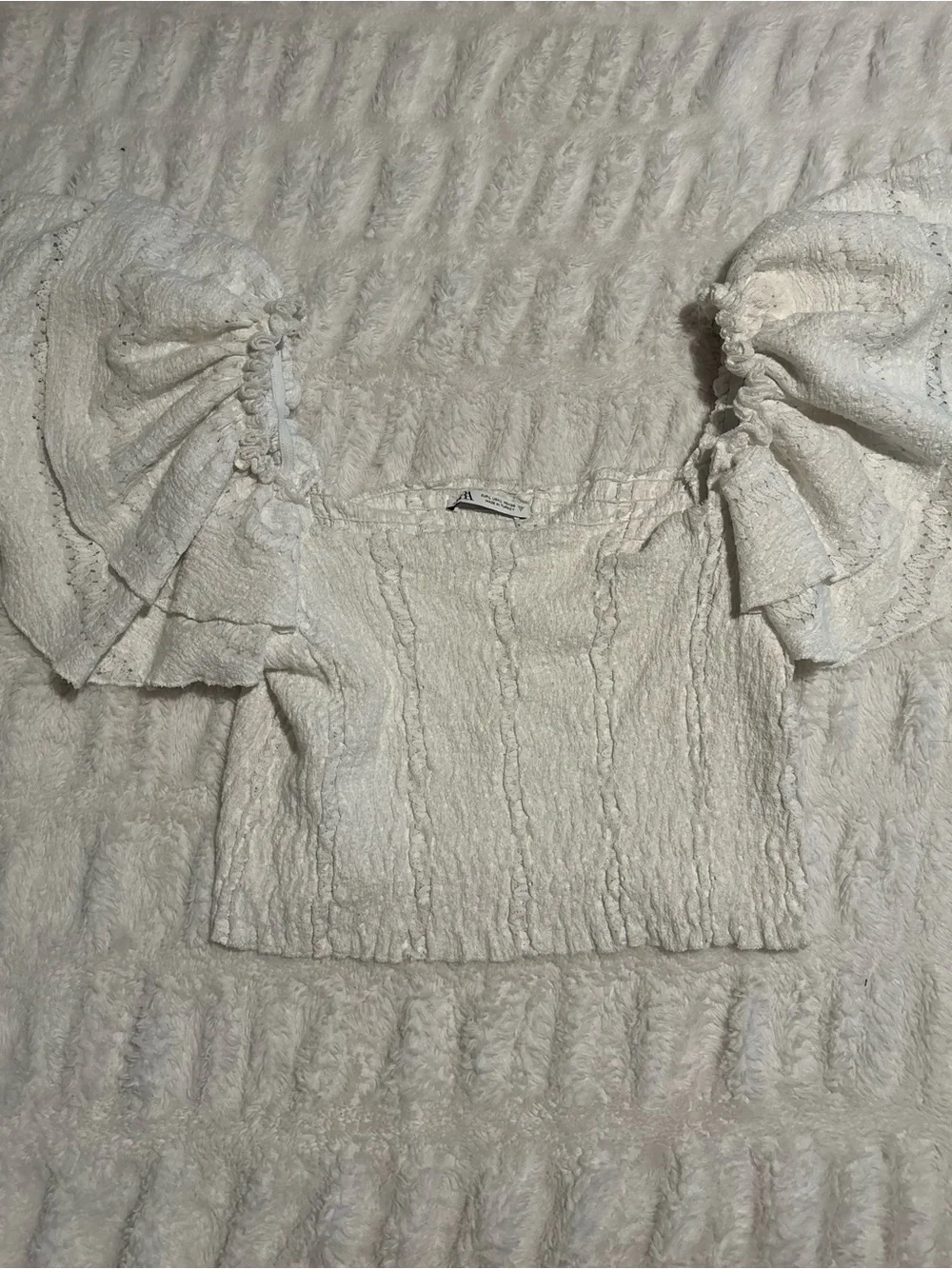 Zara Cream Smocked Square-Neck Top with Puff Sleeves
